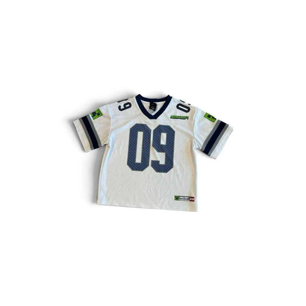 Minecraft Football Jersey Youth White/Blue Size M Creeper Gamer TNT Mad Engine
